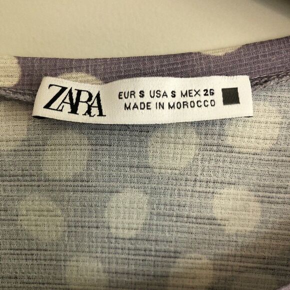 Zara Womens Midi Dress Small Purple White Polka Dot Stretch Ruffle Victorian - Picture 3 of 9